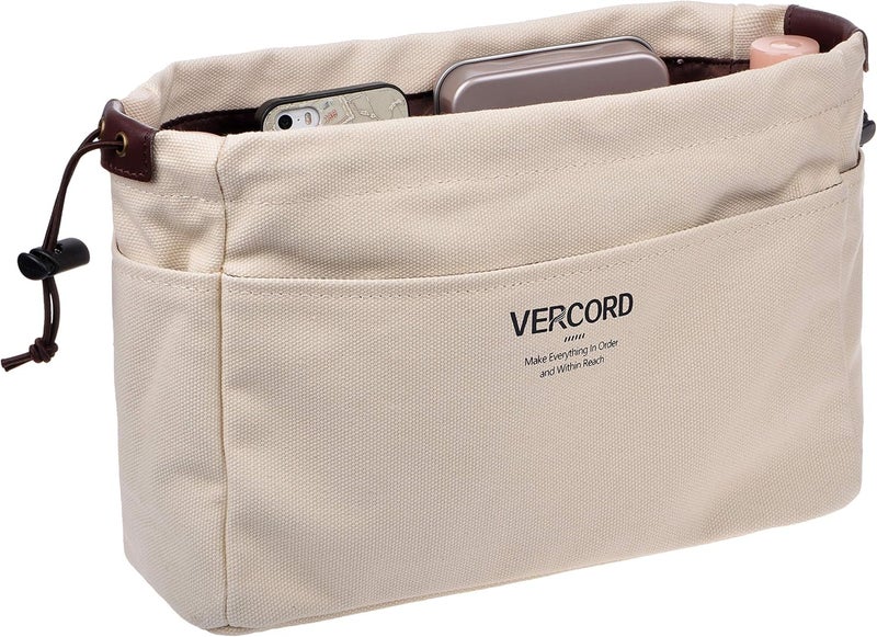 Vercord Canvas Handbag Organizers, Sturdy Purse Insert Organizer Bag in Bag, 10 Pockets Beige Small - Image 1